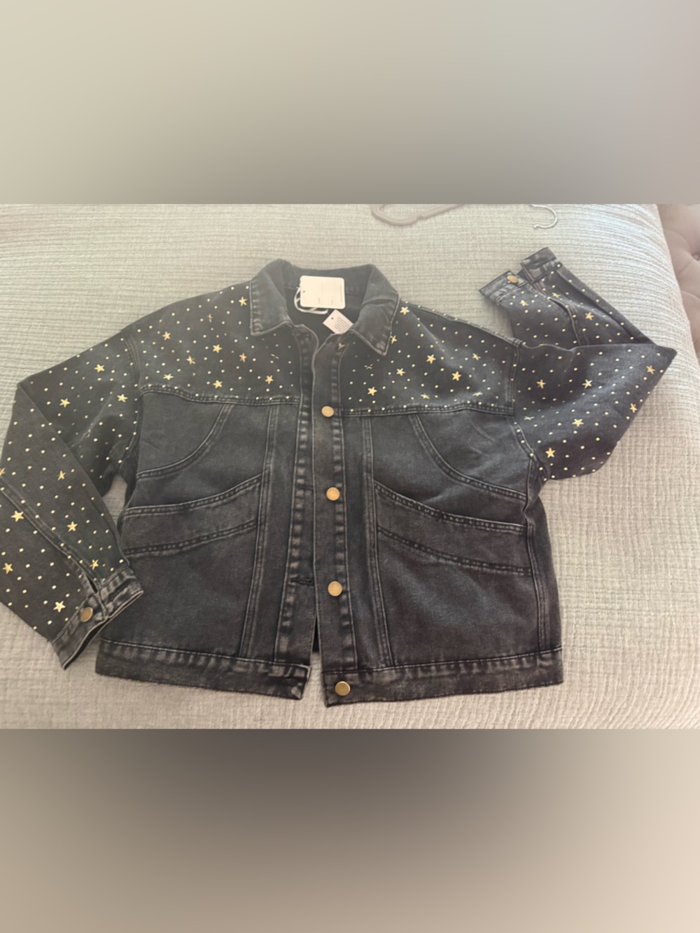 Three Bird Nest Black Denim Jacket with Gold Star Print